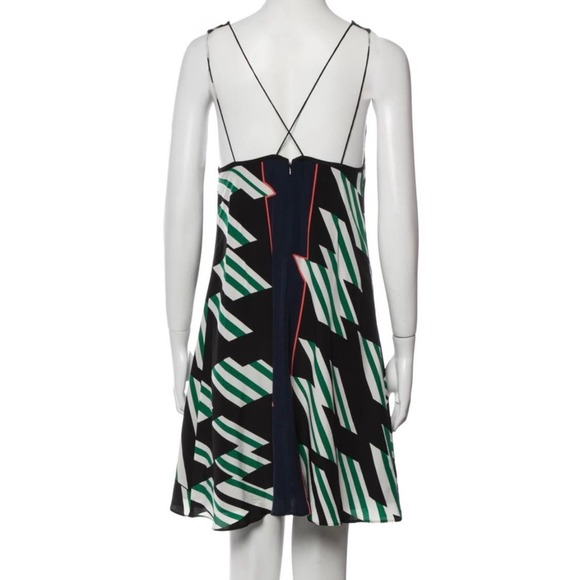 DEREK LAM 10 CROSBY Dress Womens 0 Black Green Geometric Print Silk Strappy Mini - Picture 3 of 16